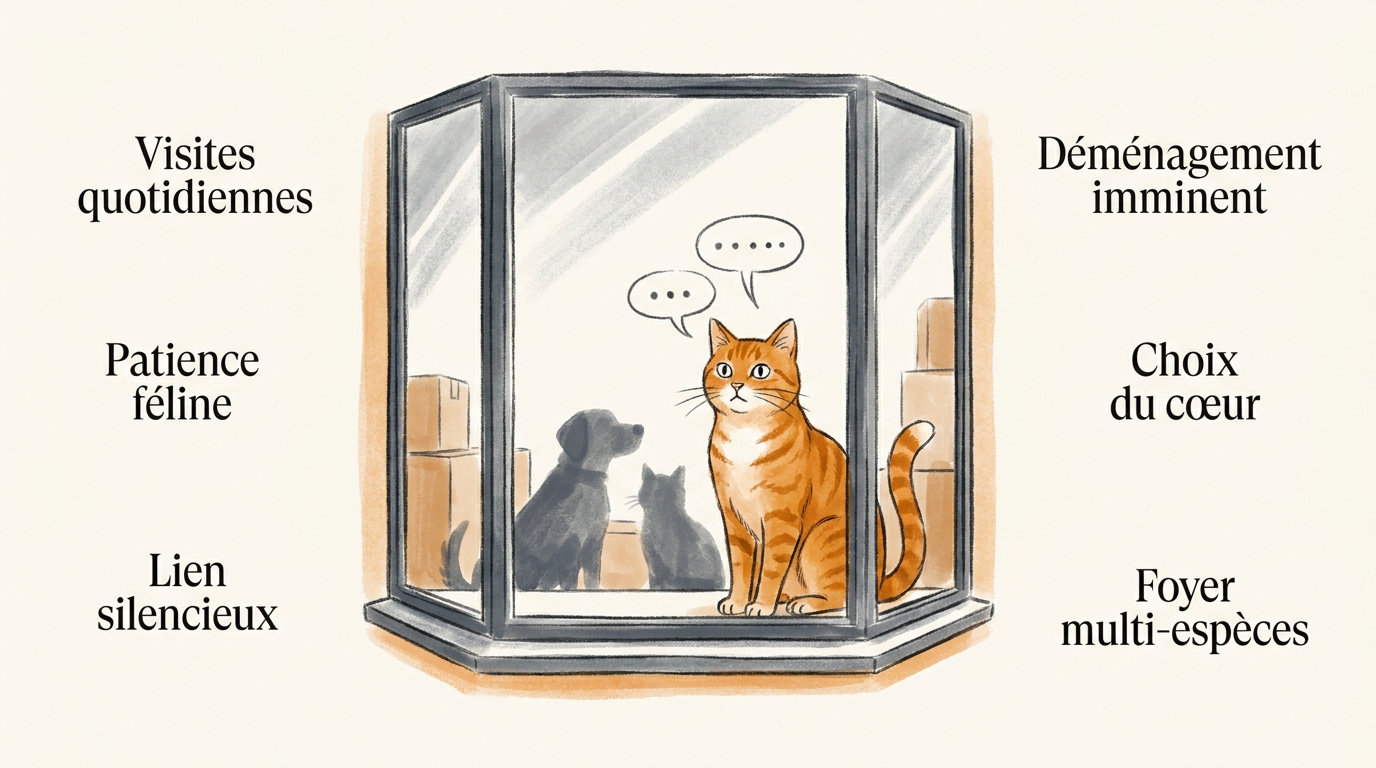 Garf le chat roux observant sa future famille à travers la vitre
