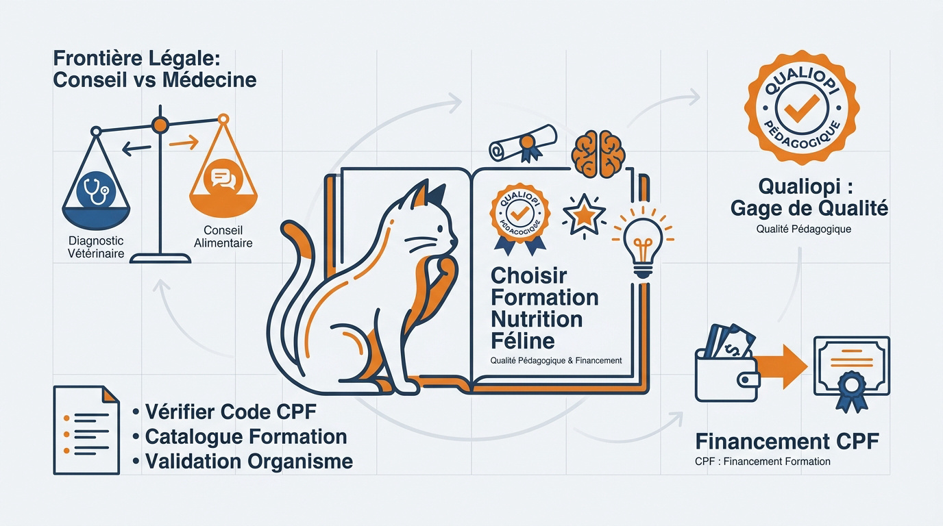 Infographie expliquant les critères pour choisir une formation en nutrition féline certifiante