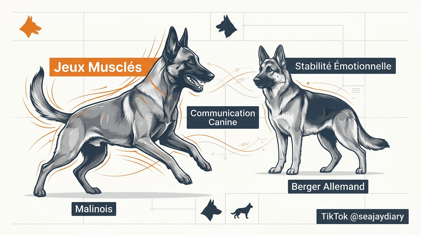 Chienne Malinois Truly et Berger Allemand Tex jouant ensemble de façon musclée