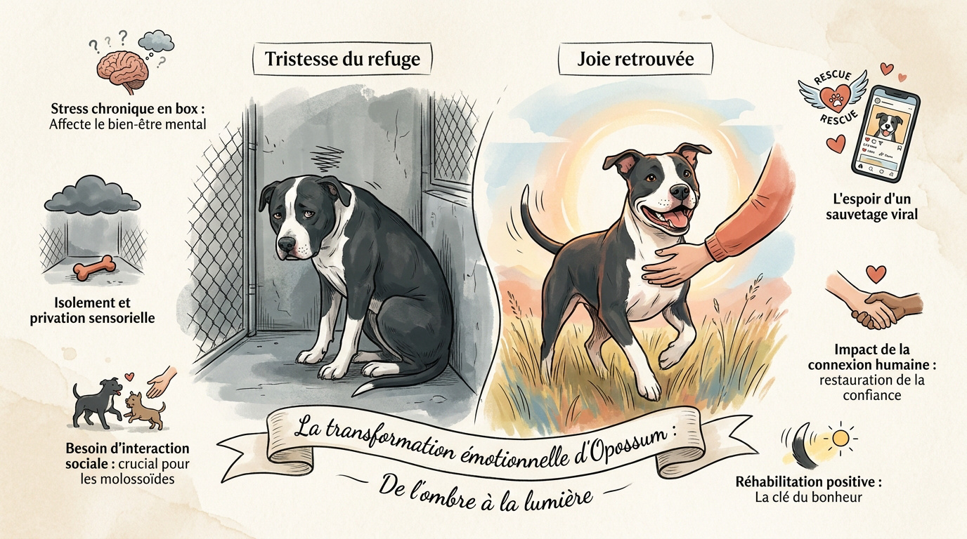 Opossum le Pitbull noir et blanc montrant des signes de tristesse dans son box de refuge