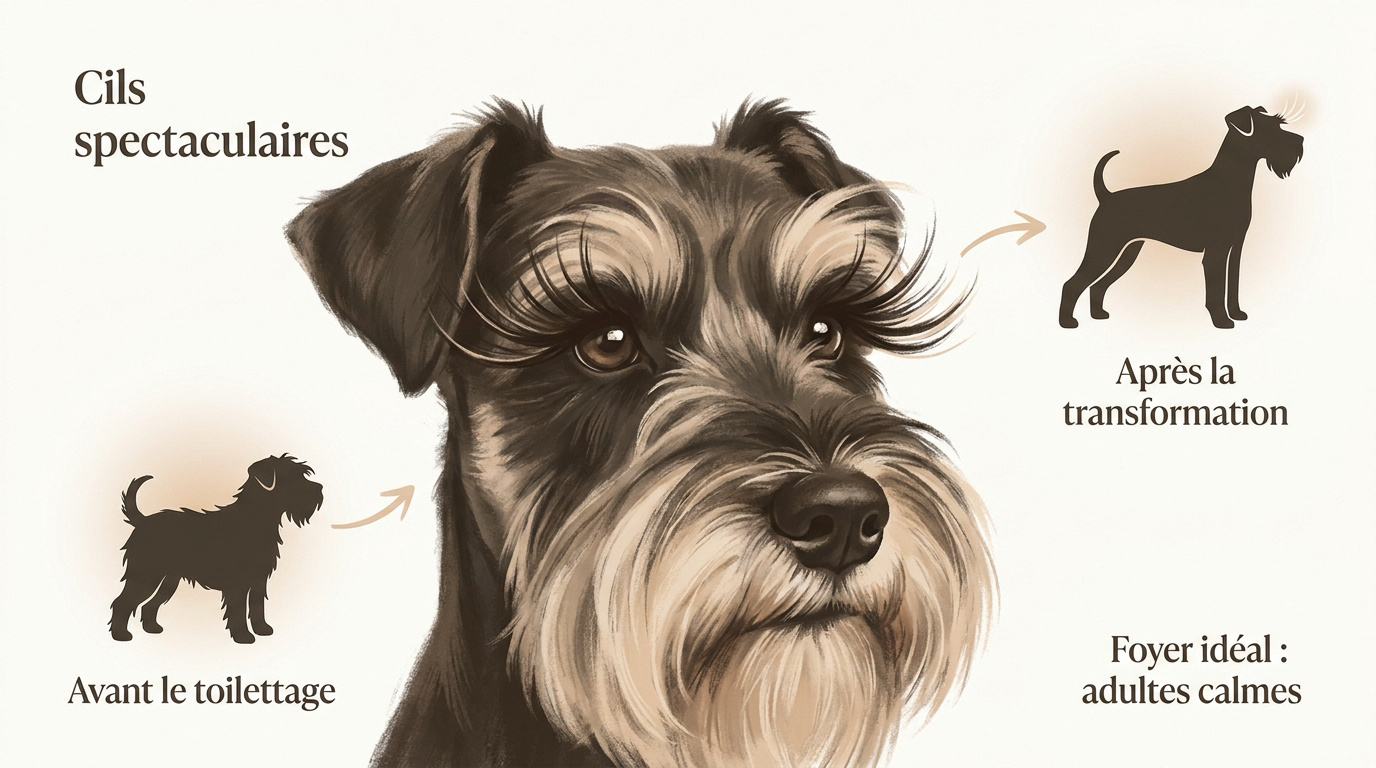 Lady, une chienne croisée Schnauzer aux cils exceptionnellement longs après son toilettage au refuge
