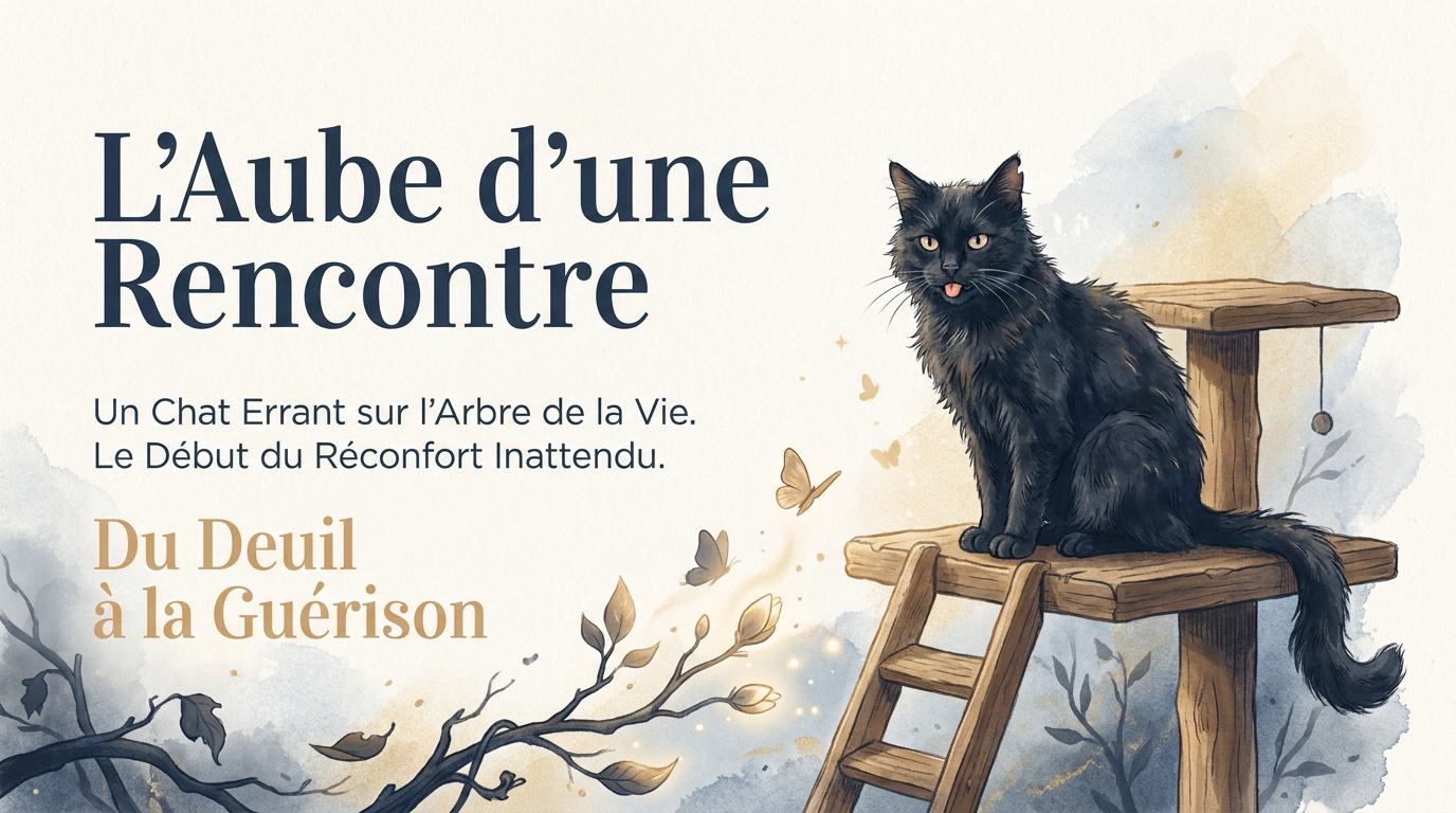 Un chat noir errant installé confortablement au sommet d'un arbre à chat sur une terrasse à l'aube