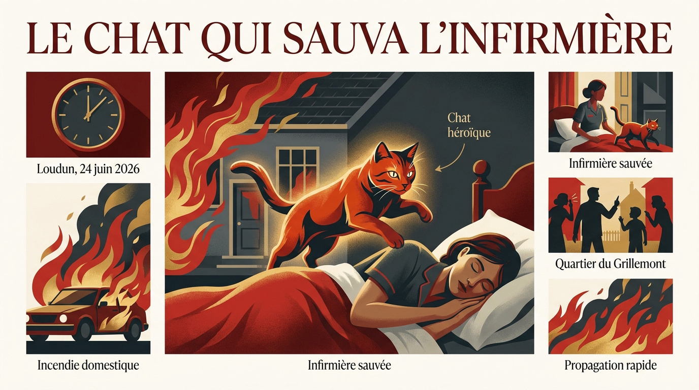 Un chat courageux alertant sa maîtresse endormie devant une maison menacée par les flammes à Loudun