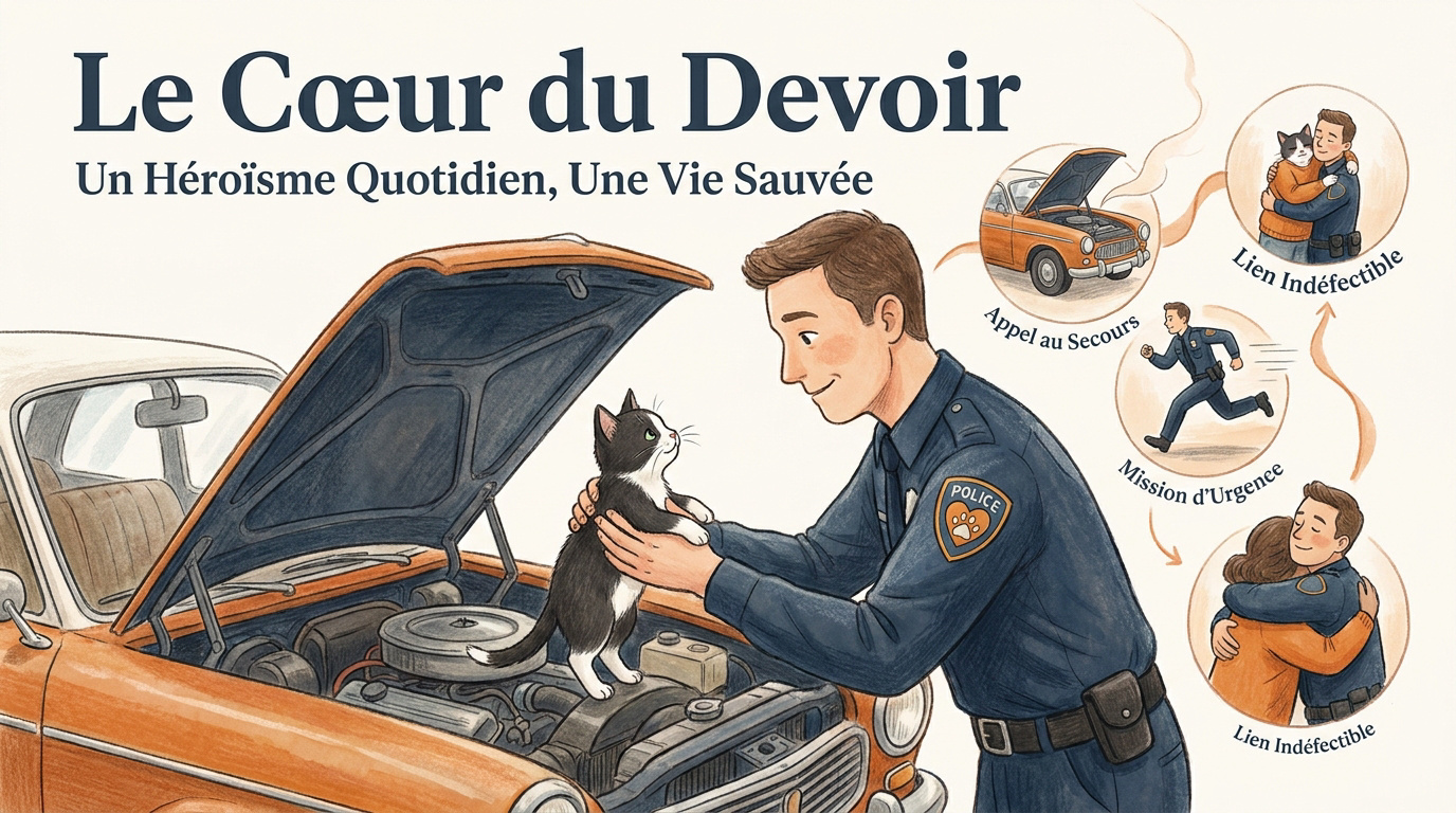 Officier de police sauvant un chaton tuxedo coincé dans le moteur d'une voiture