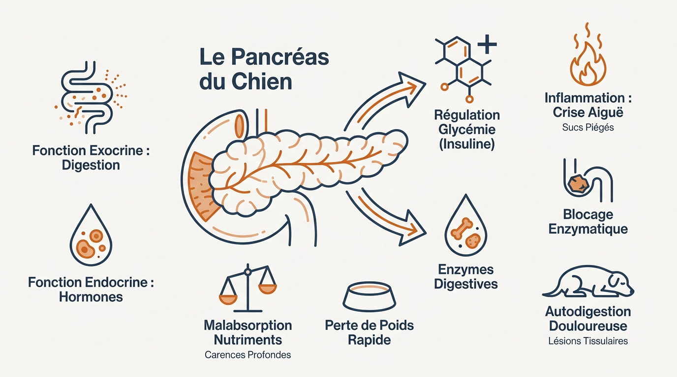 Schéma illustrant le pancréas canin et le mécanisme de l'inflammation digestive