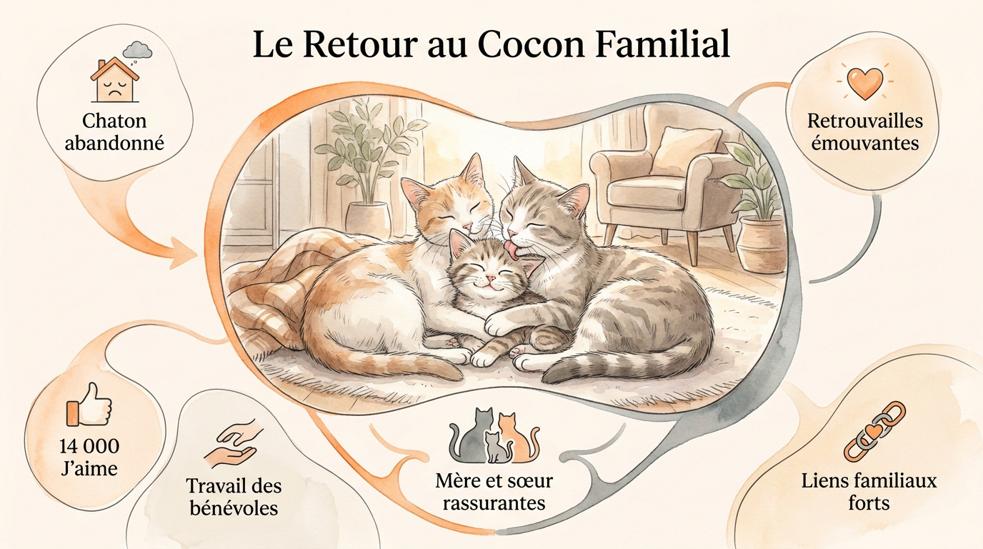 Chaton retrouvant sa mère et sa sœur en famille d'accueil après un mois