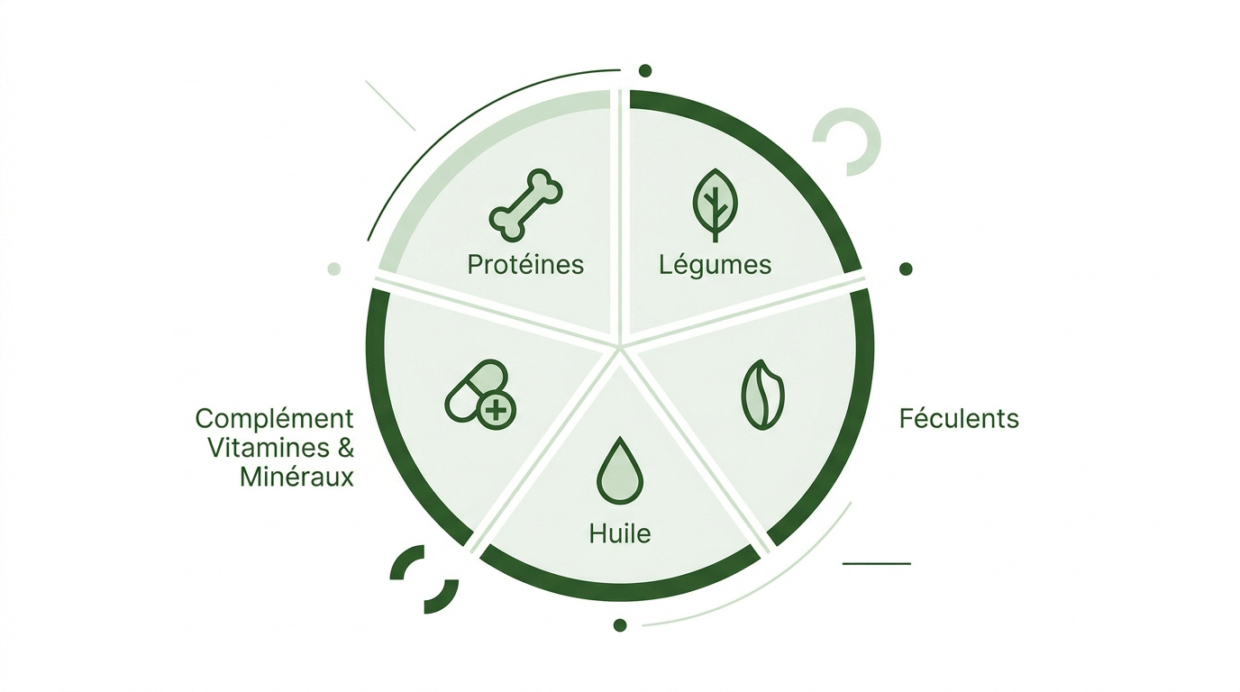 Infographie présentant les cinq composants essentiels pour une ration ménagère canine équilibrée