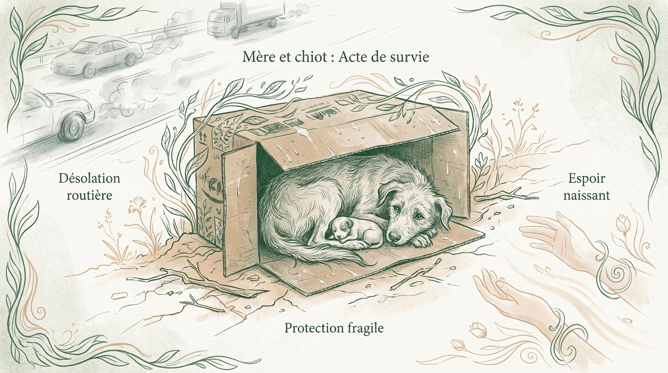 Chienne protégeant son chiot nouveau-né dans un abri de fortune en carton