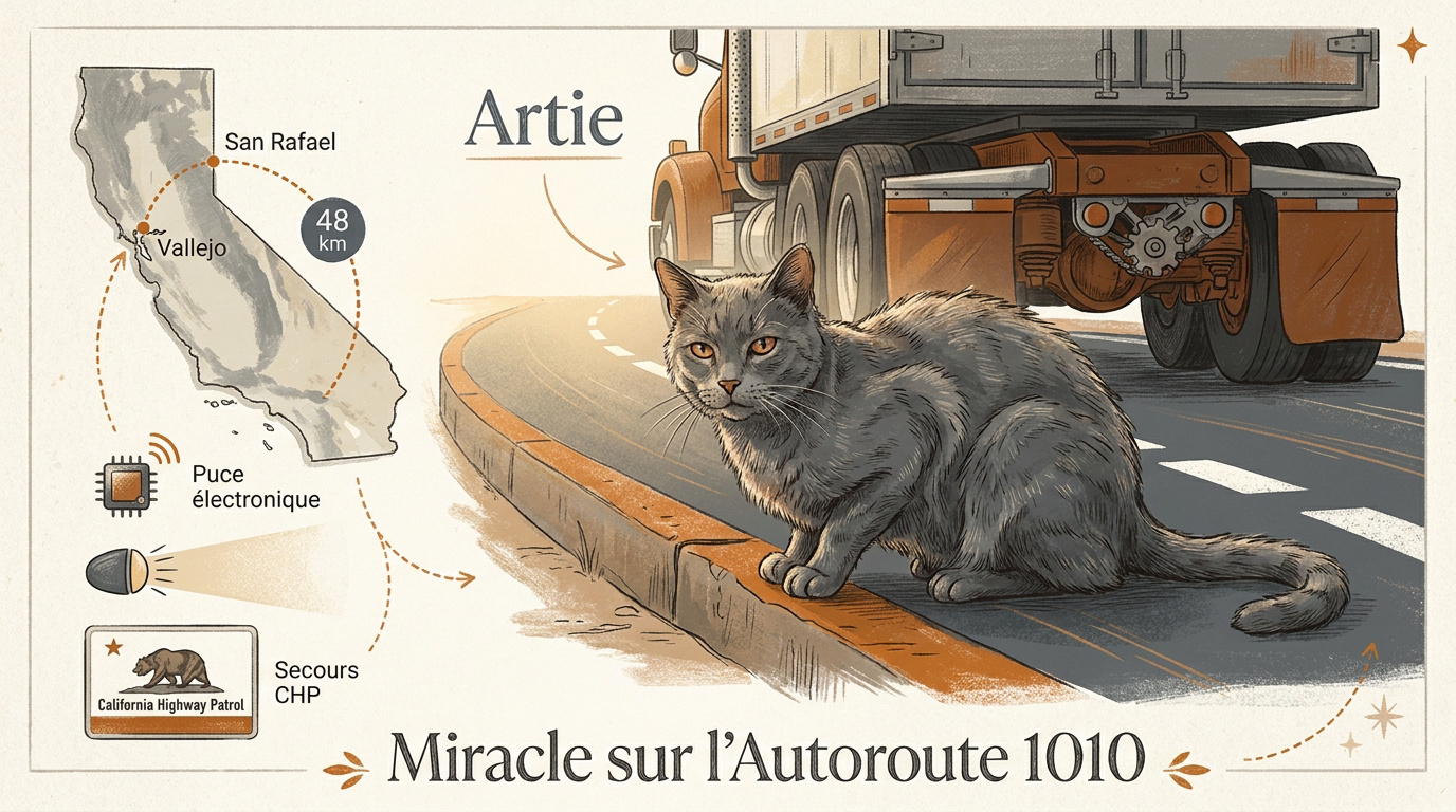 Artie, le chat gris de 14 ans sauvé par la police autoroutière en Californie après un voyage sous un camion
