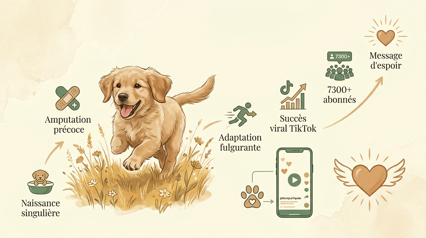 Monty, le chiot Golden Retriever tripode courant joyeusement dans un jardin