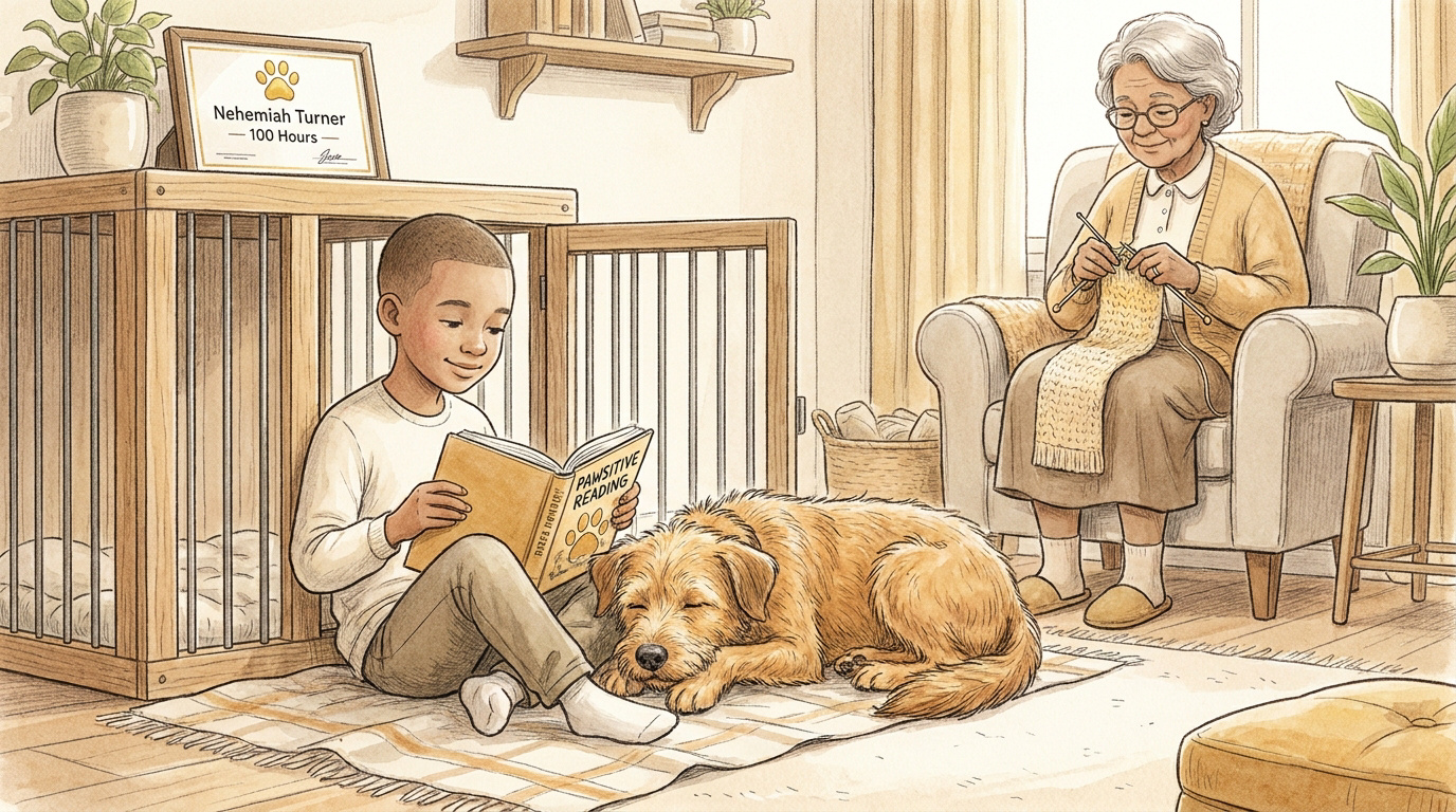 Nehemiah Turner recevant son certificat de 100 heures de lecture pour les chiens du refuge