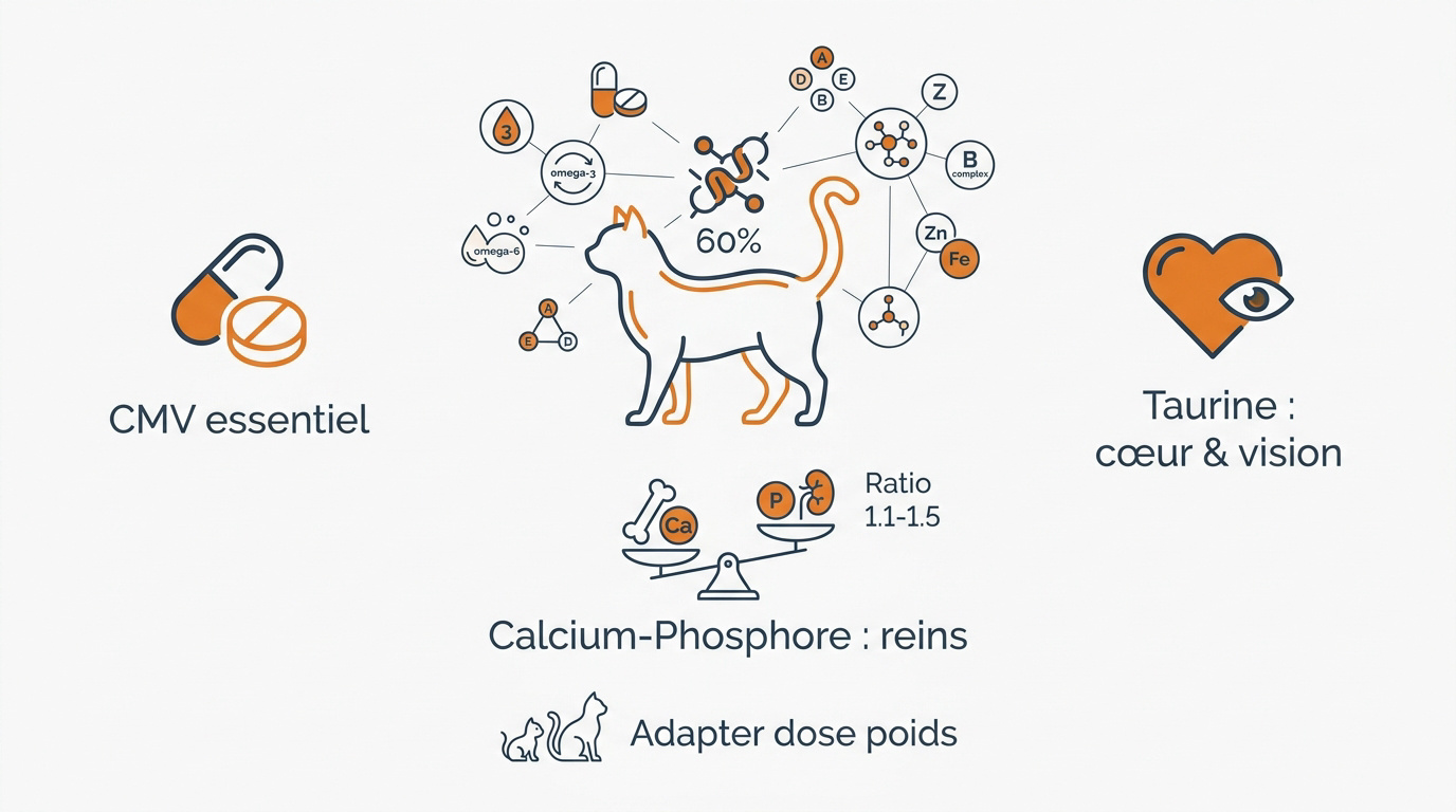 Tableau des nutriments essentiels comme la taurine et le calcium pour la santé du chat