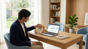 Un professionnel caressant son chat en travaillant sur un ordinateur portable affichant des graphiques de revenus.
