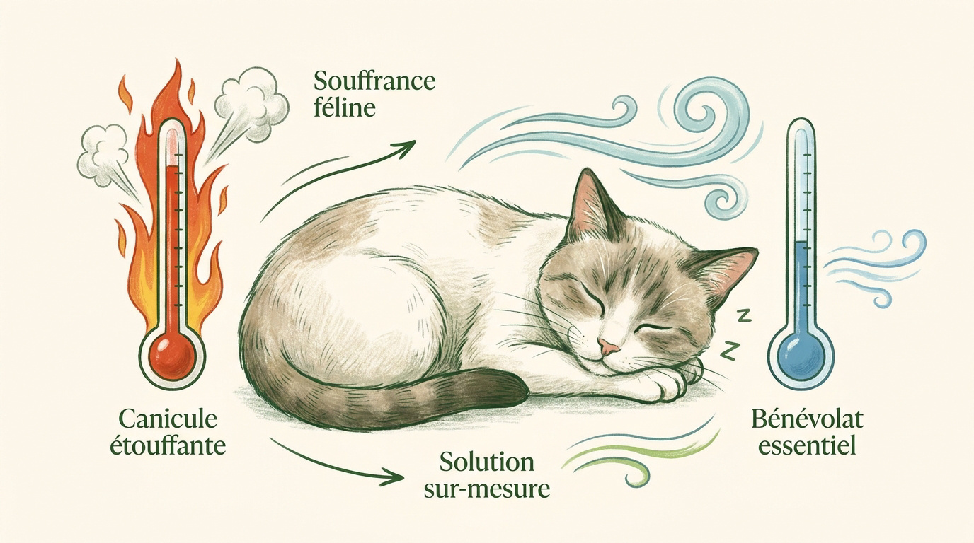 Chats du refuge profitant de la fraîcheur de la climatisation à Pollestres