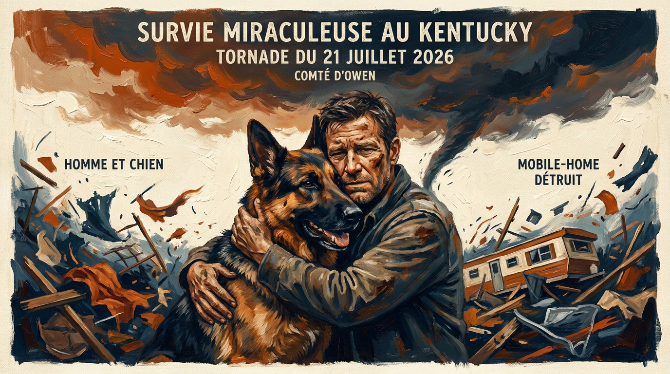 Un homme et son berger allemand Gunner après le passage de la tornade au Kentucky