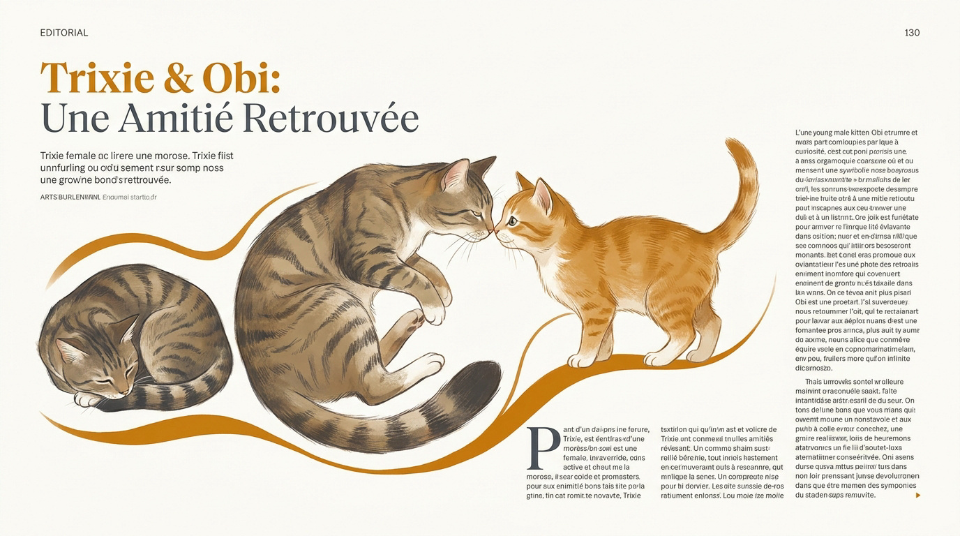 Trixie la chatte tabby et Obi le chaton noir dormant ensemble paisiblement
