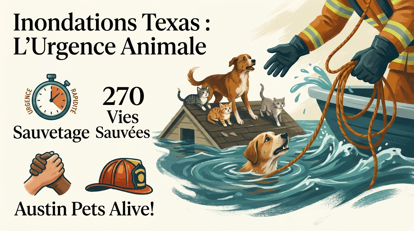 Bénévoles secourant des chiens et chats lors des inondations au Texas en juillet 2026