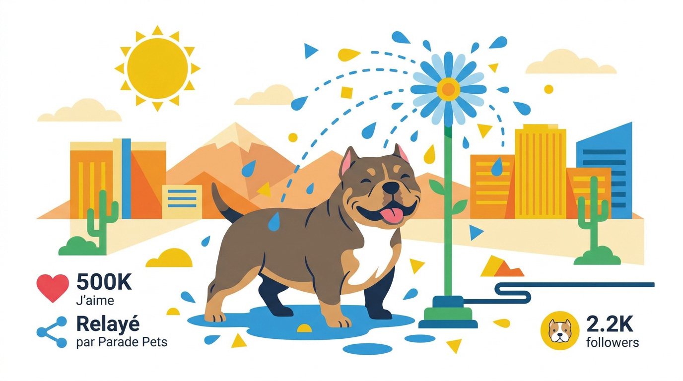 La chienne American Bully Yves s'amusant avec son arroseur de jardin crazy daisy sous le soleil de Las Vegas