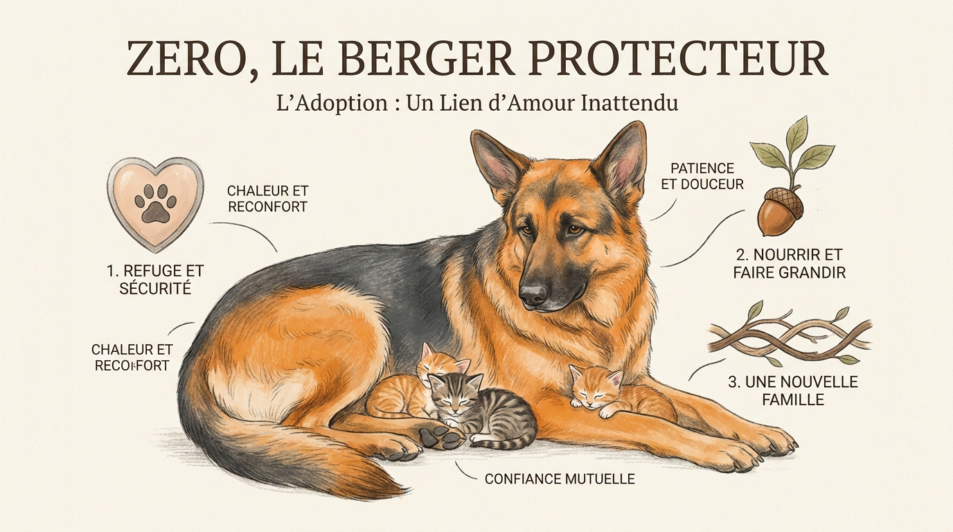 Berger Allemand Zero protégeant tendrement trois chatons orphelins