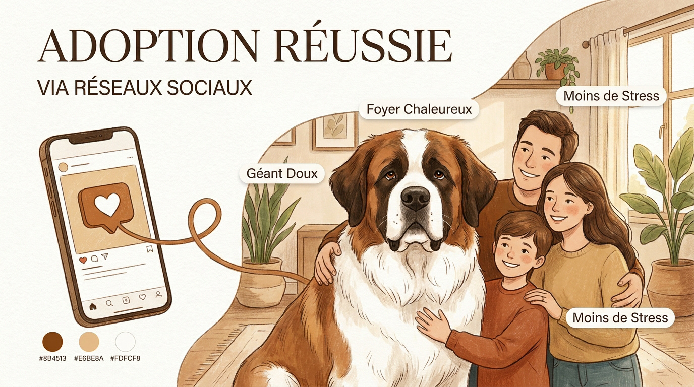 Saint-Bernard heureux avec sa nouvelle famille après son adoption à Saint-Louis