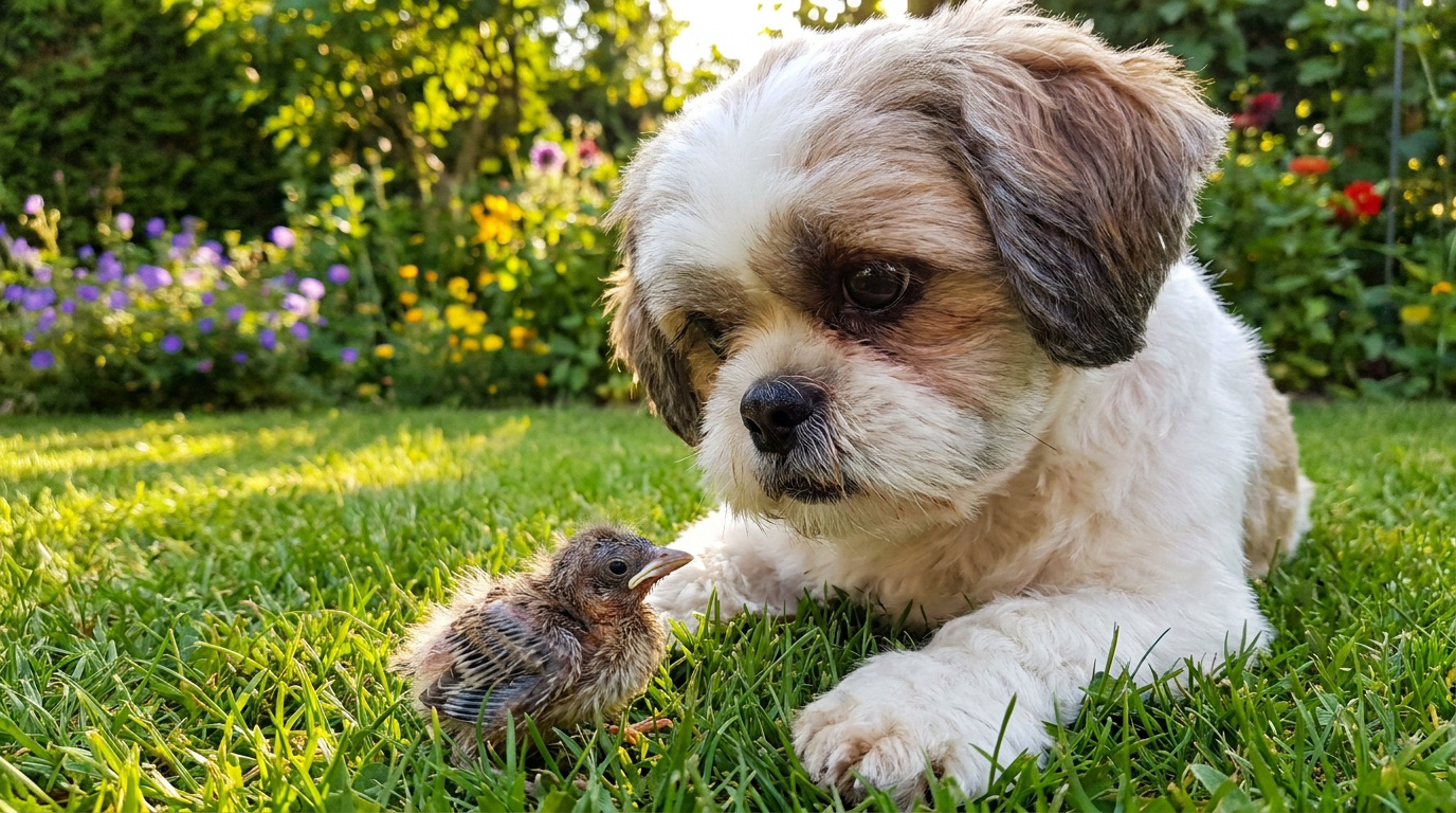 Une chienne Shih Tzu regarde doucement un petit oisillon dans l'herbe d'un jardin fleuri.