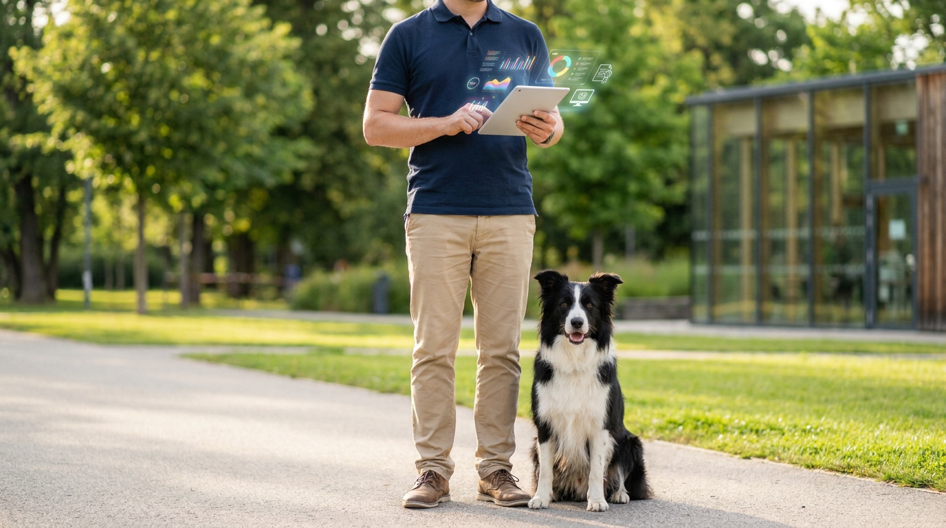 Éducateur canin utilisant une tablette avec des données numériques à côté d'un border collie dans un parc.