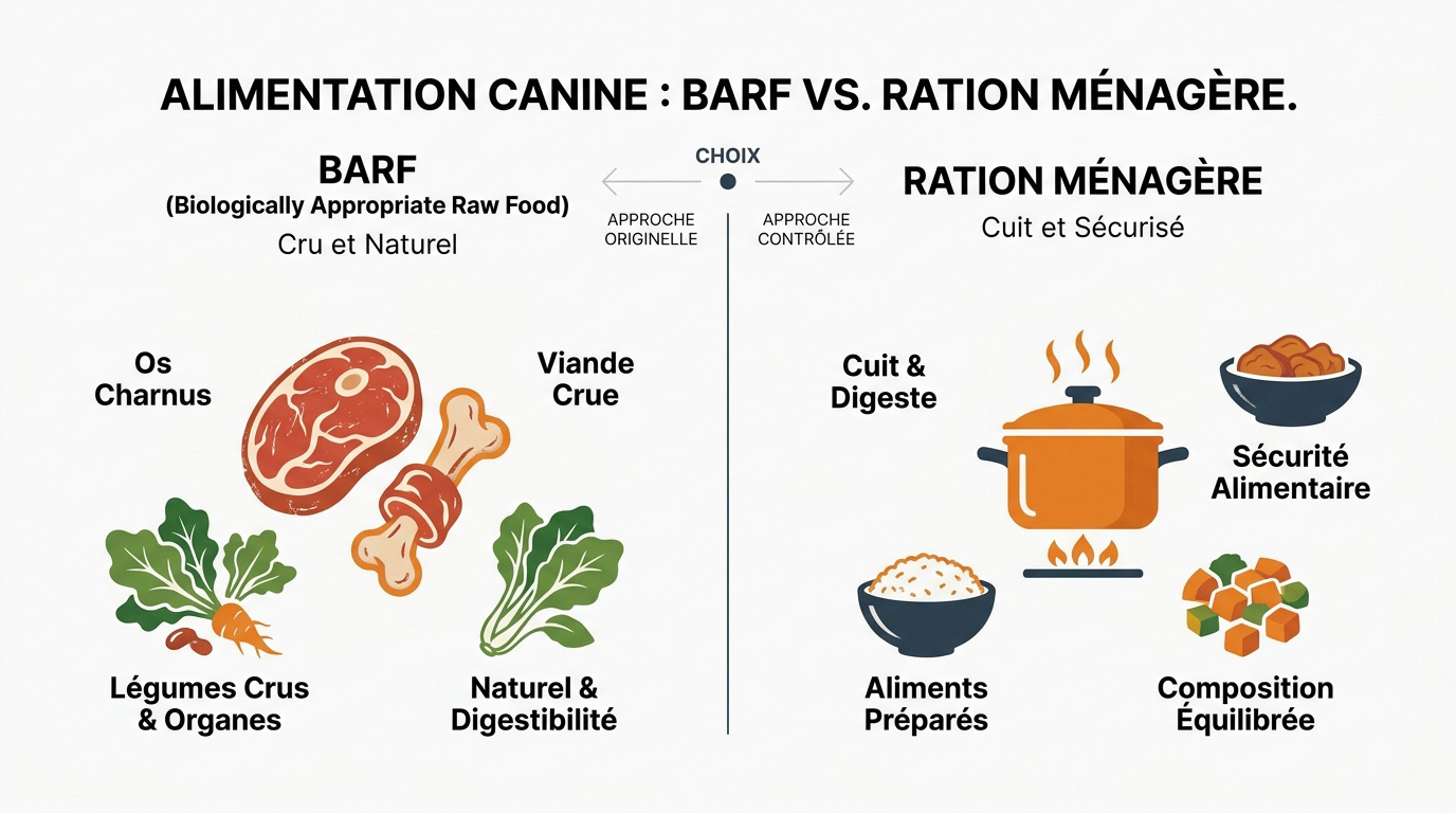 Comparaison visuelle entre une gamelle de BARF cru et une ration ménagère cuite pour chien