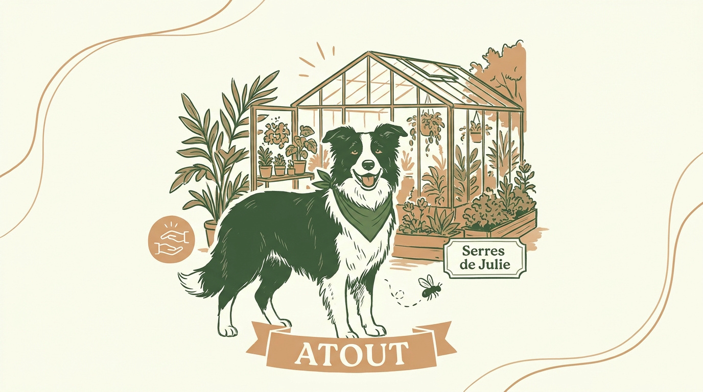 Pétale le Border Collie surveillant les allées des Serres de Julie à Bazouges-Cré