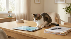 Un chat tabby regarde attentivement un graphique financier sur une tablette posée sur un bureau en bois.