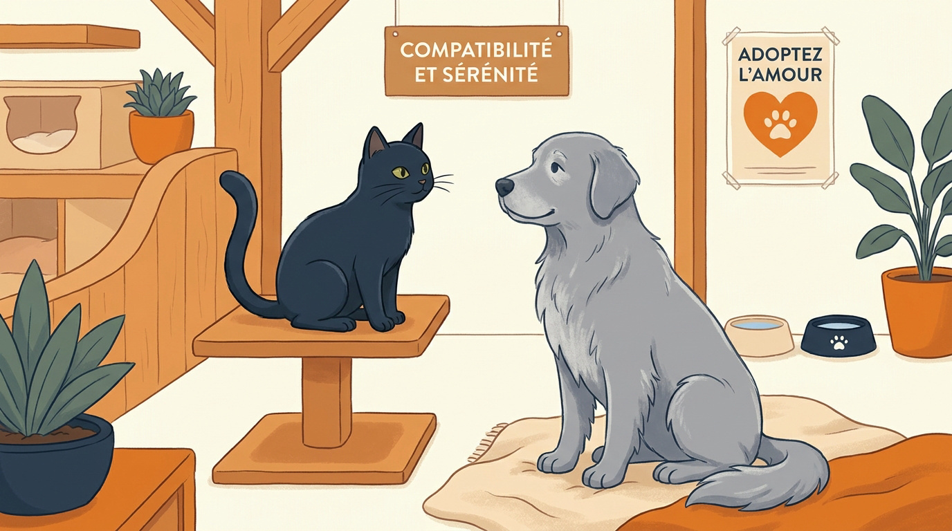 Chat noir Little Dude et chien senior en interaction calme dans un refuge
