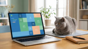 Un chat gris assis sur un bureau à côté d'un ordinateur portable affichant une interface colorée.