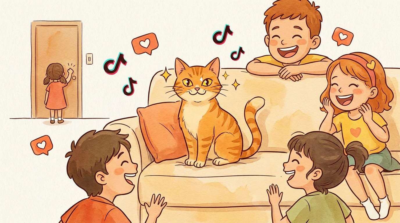 Chat roux Jasper entouré d'enfants joyeux sur un canapé