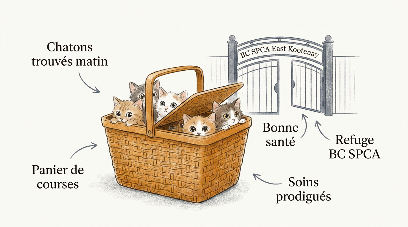 Chatons sauvés dans un panier devant le refuge BC SPCA d'East Kootenay