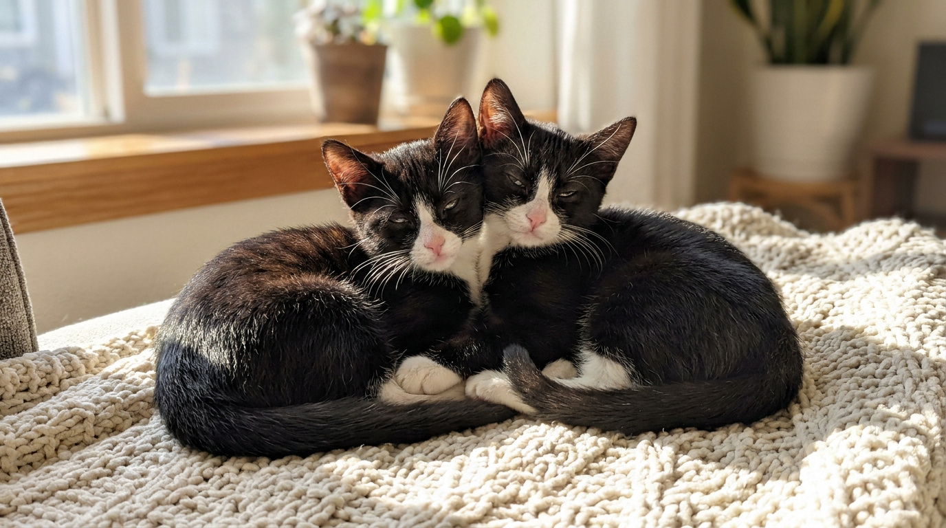 Deux chatons noir et blanc blottis l'un contre l'autre sur une couverture en tricot beige, baignés par la lumière du soleil.