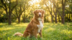 Un chien au pelage roux et blanc assis paisiblement dans un parc ensoleillé.