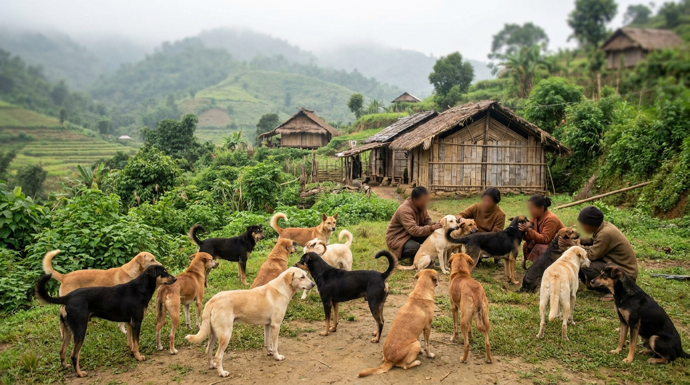 Des sauveteurs interagissent avec un groupe de chiens dans un village de montagne rural en Inde.