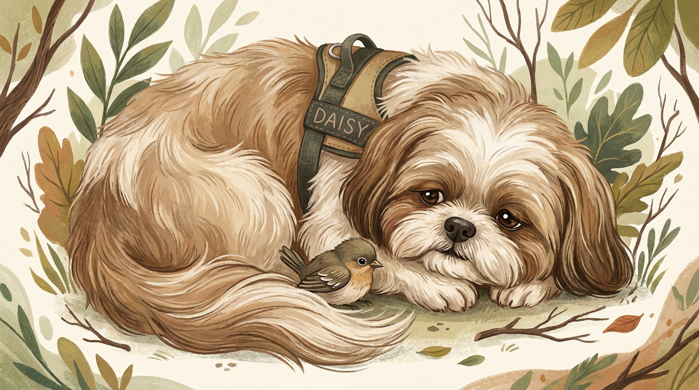 Daisy la chienne Shih Tzu veillant avec tendresse sur un petit oisillon dans l'herbe