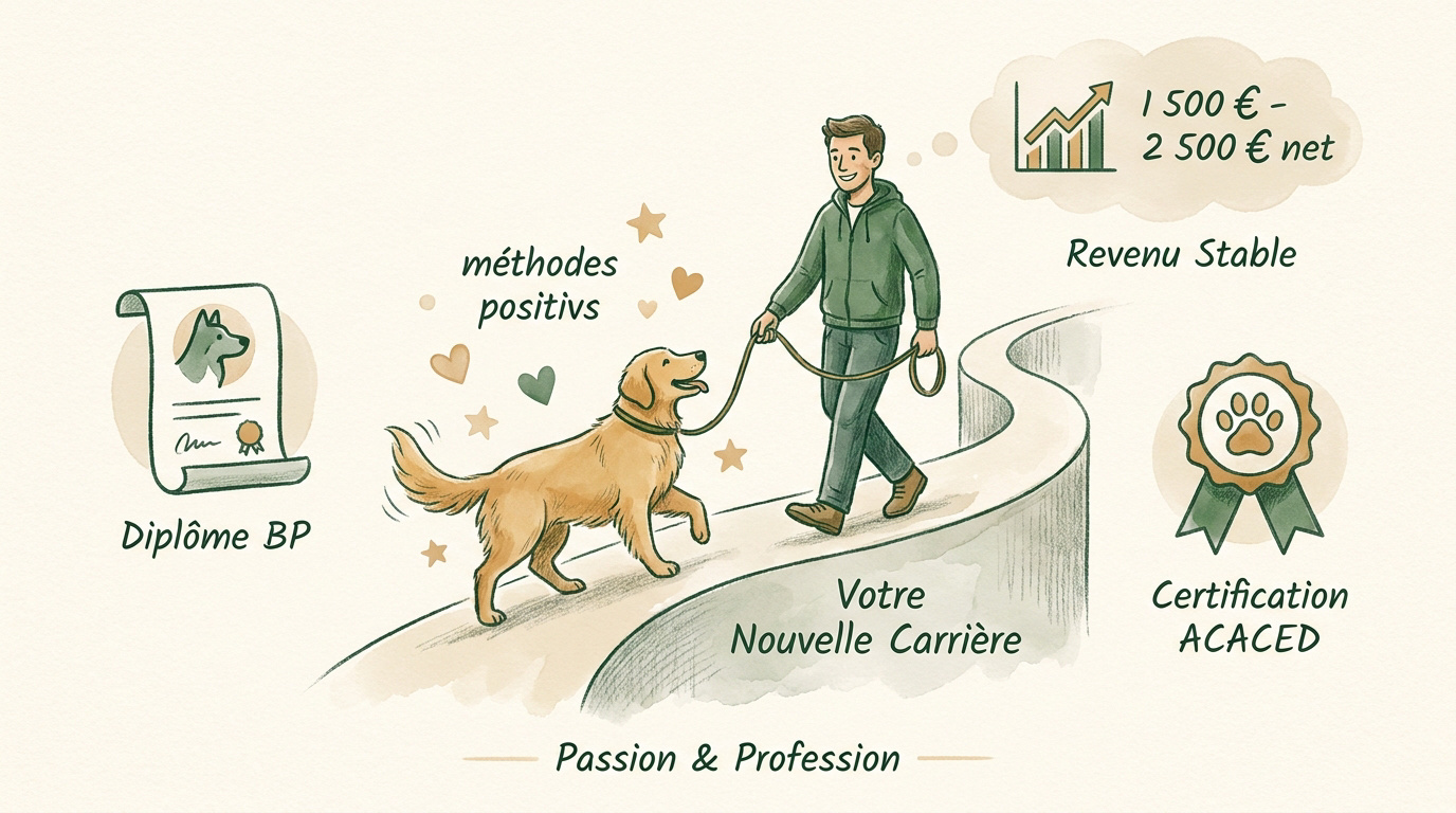 Éducateur canin en pleine séance de travail en extérieur avec un chien