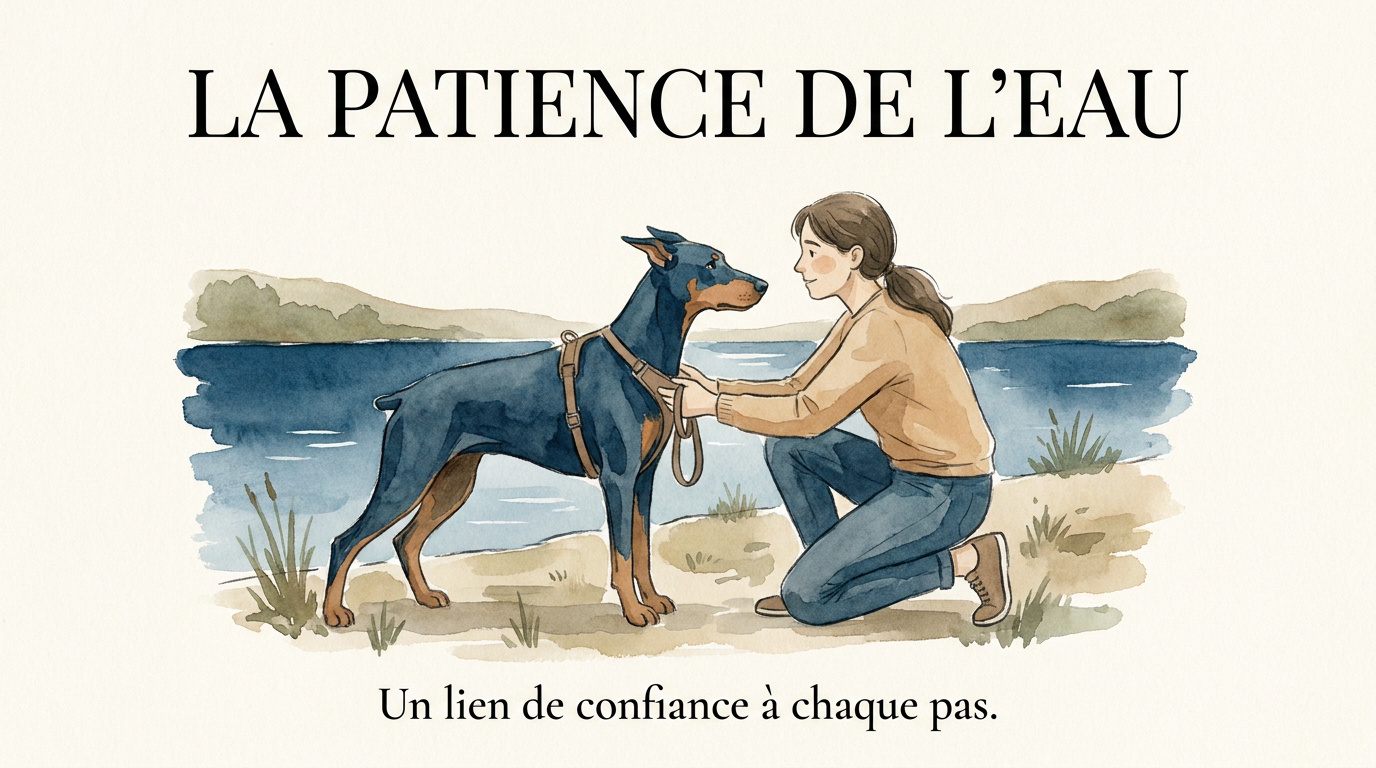 Dobermann anxieux face à l'eau recevant le soutien de son propriétaire