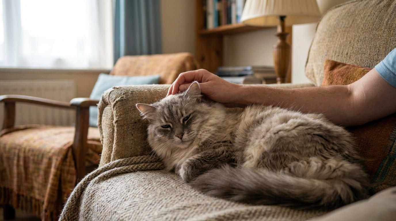Une main caresse tendrement un chat gris à poils longs couché sur un fauteuil confortable dans un salon chaleureux.