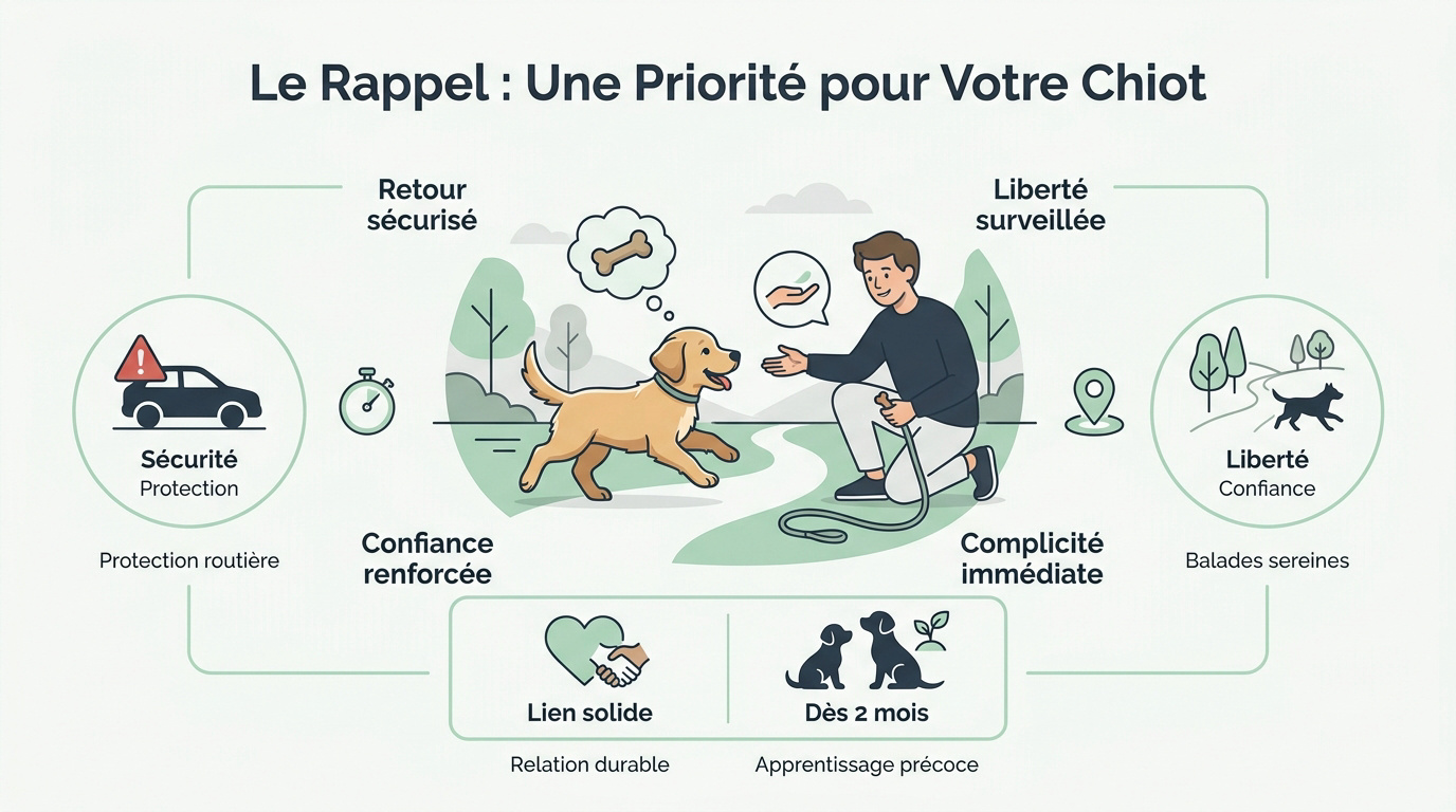 Chiot qui court joyeusement vers son maître pour travailler le rappel en extérieur