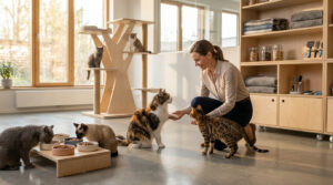 Une femme interagit avec plusieurs chats dans un intérieur moderne et lumineux, certains mangent à une station de nourrissage.