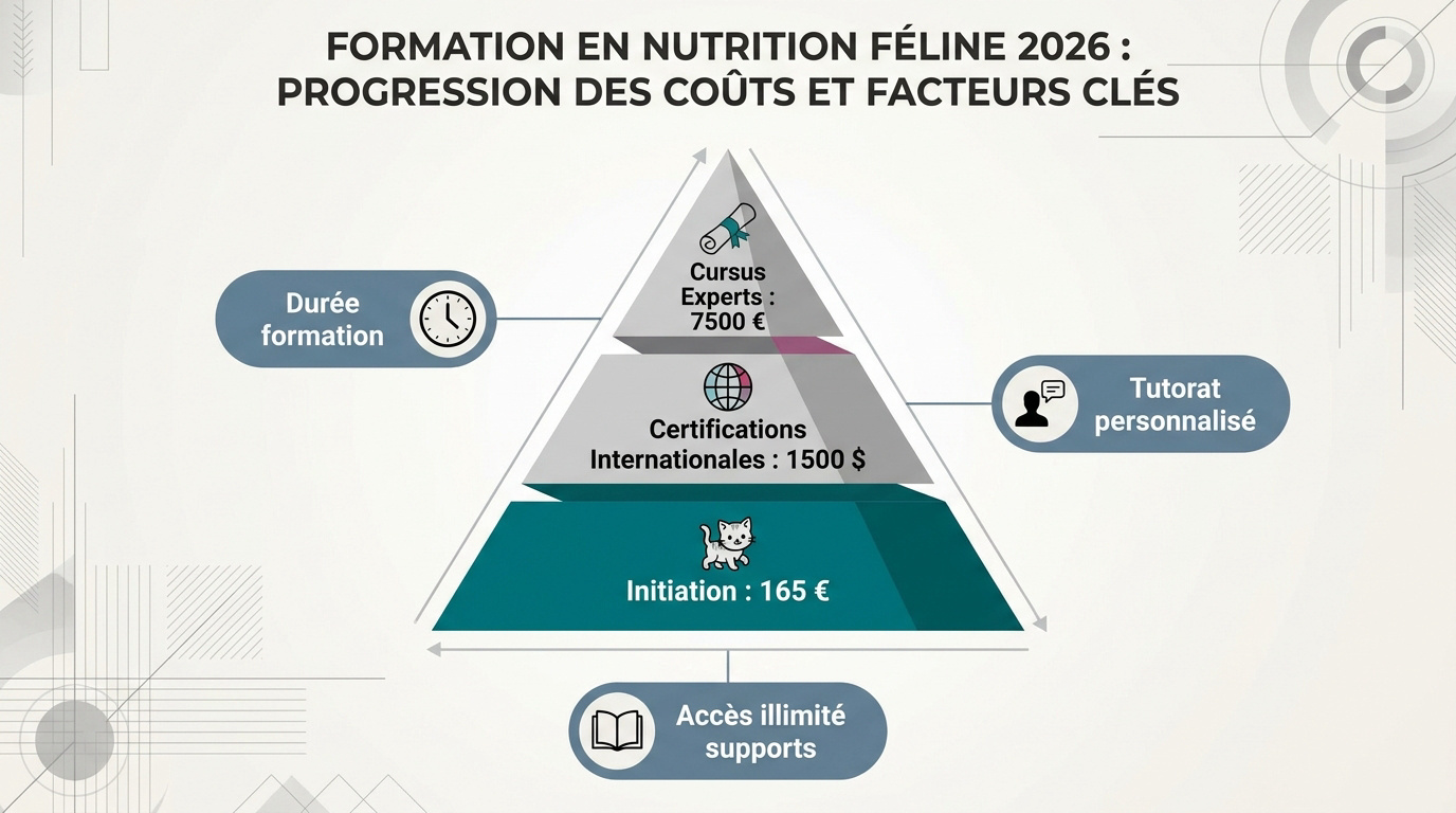 Graphique des tarifs et facteurs de prix pour une formation en nutrition féline en 2026