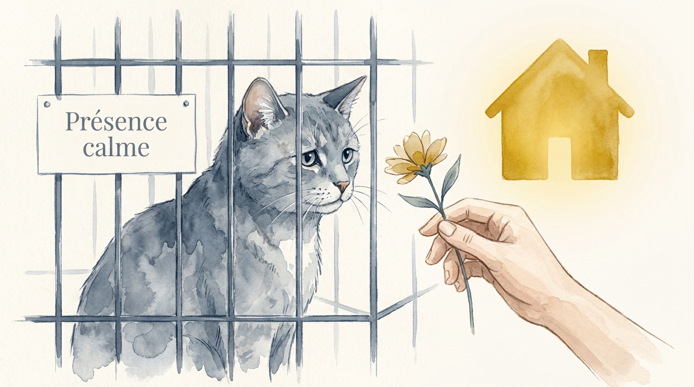 Frannie, une chatte senior grise au regard doux cherchant une famille dans son refuge
