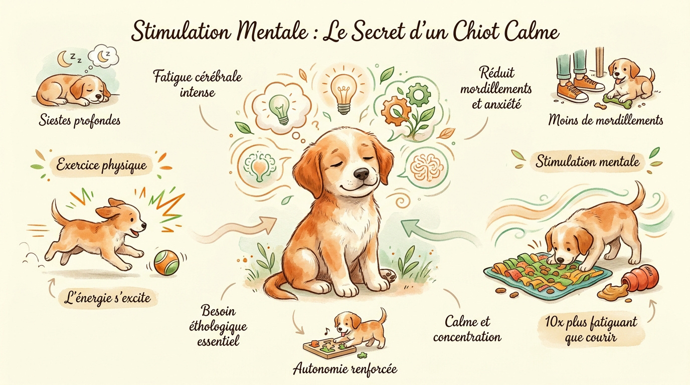 Infographie expliquant les bienfaits de la stimulation mentale pour l'équilibre du chiot