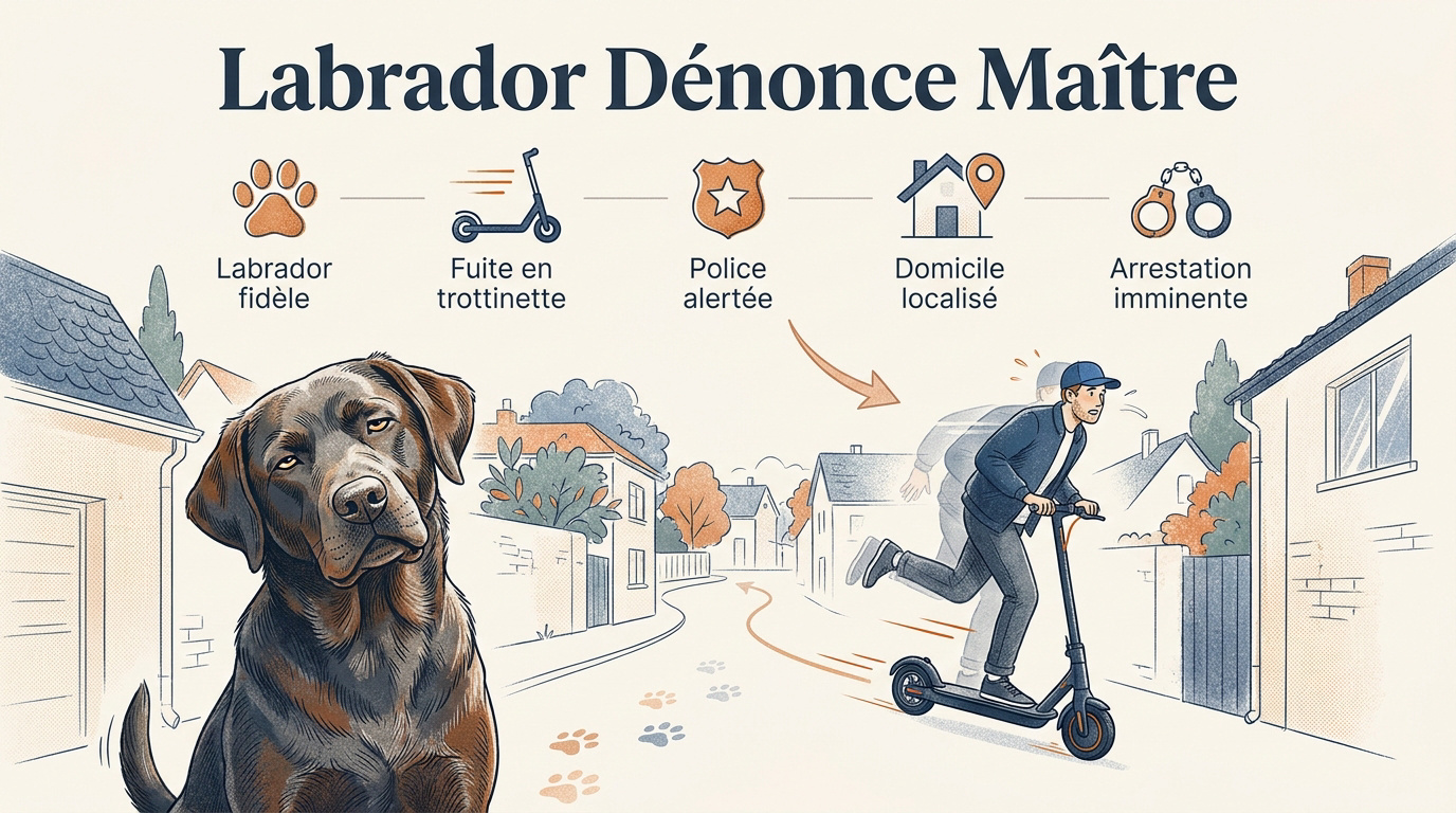 Un labrador noir assis devant une maison typiquement britannique