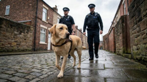 Un chien labrador jaune marchant dans une rue pavée devant deux policiers britanniques en uniforme.