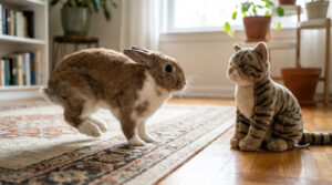 Un lapin brun et blanc sur un tapis, sautant devant une peluche de chat tigré dans un salon lumineux.