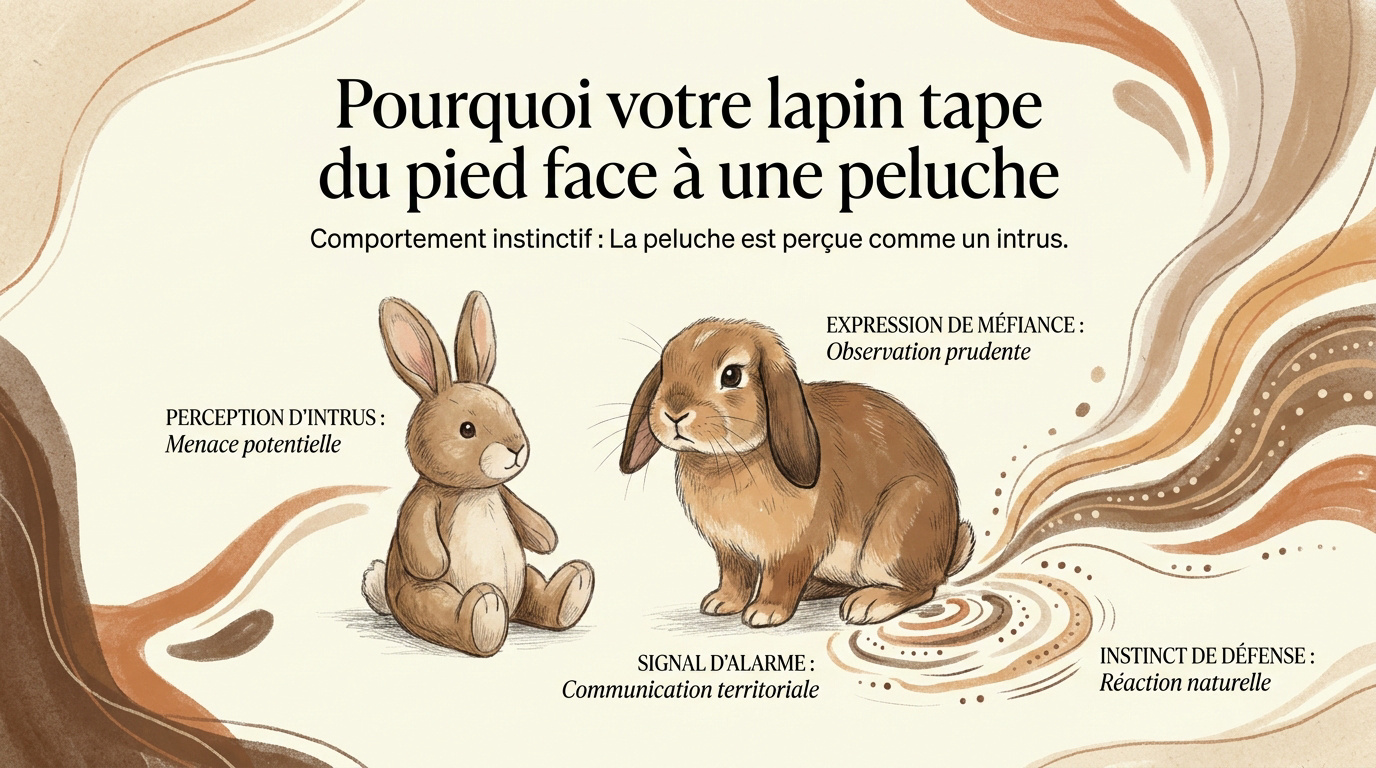 Un lapin domestique méfiant observant une peluche réaliste sur son territoire.