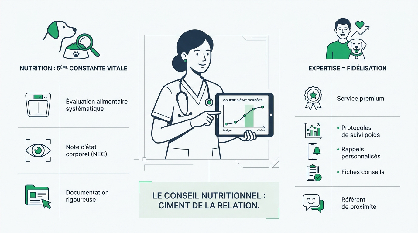 ASV conseillant un propriétaire de chien sur la nutrition canine en clinique vétérinaire